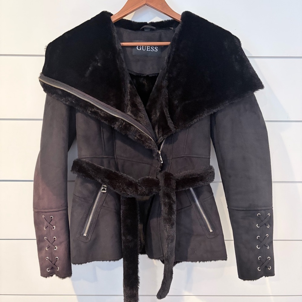 GUESS Faux Fur Belted Moto Jacket Black Y2K Glam Gothic Lace Mobwife M Upcycle - Picture 2 of 15